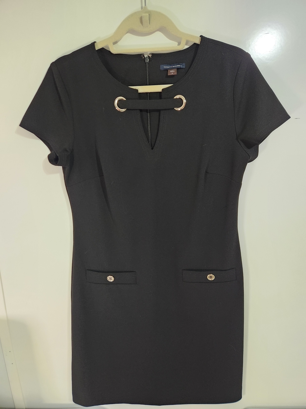 Tommy Hilfiger Black Short-Sleeve Sheath Dress with Gold Trim